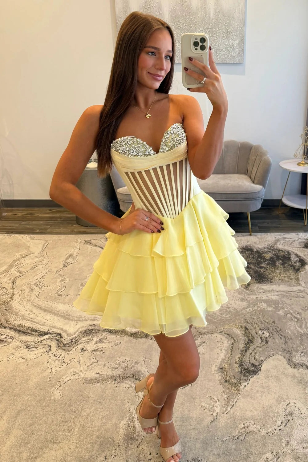 Chic Yellow Corset Bodice Ruffled Tulle Homecoming Dress With Sparkling Details AS352