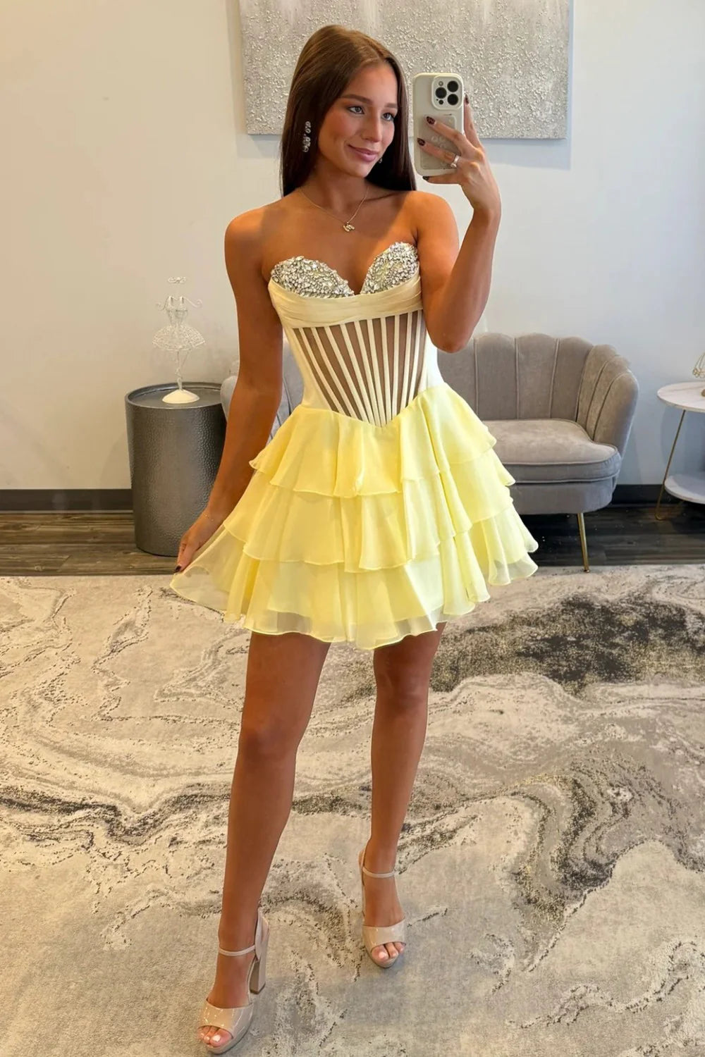 Chic Yellow Corset Bodice Ruffled Tulle Homecoming Dress With Sparkling Details AS352