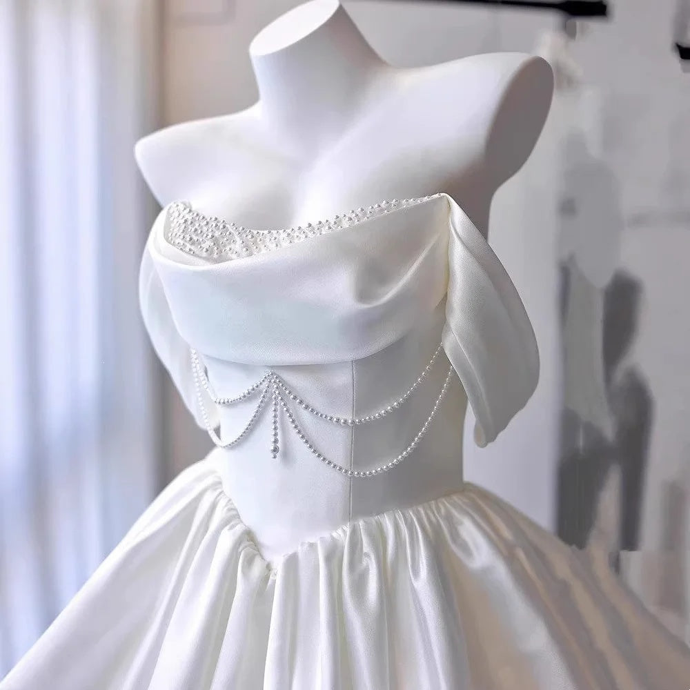 Elegant White Off Shoulder Pearl Beaded Bubble A Line Short Homecoming Dress Birthday Dress AS3520