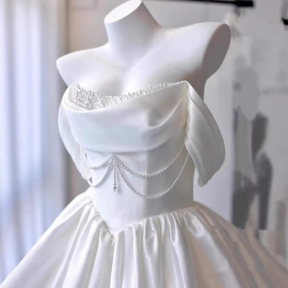 Elegant White Off Shoulder Pearl Beaded Bubble A Line Short Homecoming Dress Birthday Dress AS3520