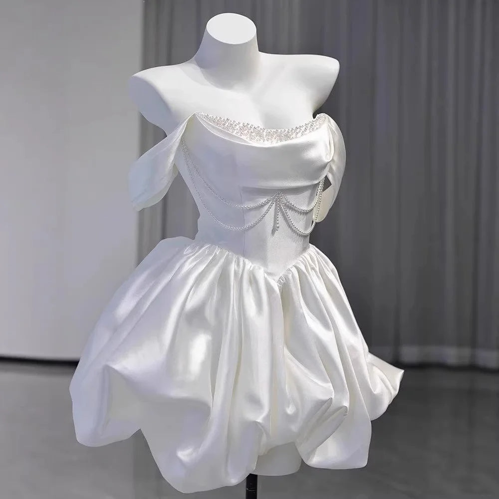 Elegant White Off Shoulder Pearl Beaded Bubble A Line Short Homecoming Dress Birthday Dress AS3520