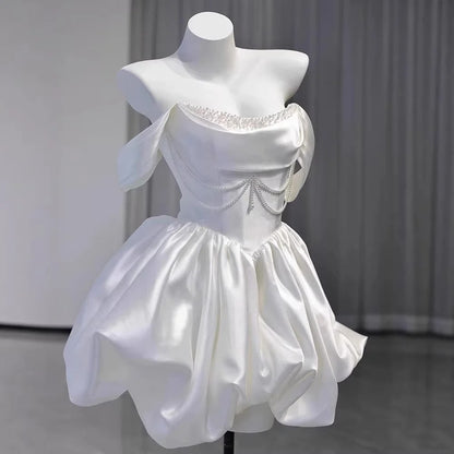 Elegant White Off Shoulder Pearl Beaded Bubble A Line Short Homecoming Dress Birthday Dress AS3520
