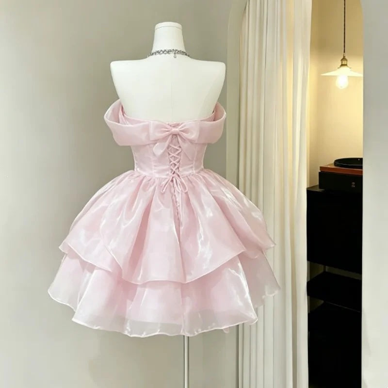 Sweet Pink Off Shoulder Bow A Line Short Homecoming Dress Birthday Dress AS3521