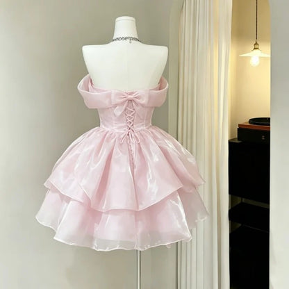 Sweet Pink Off Shoulder Bow A Line Short Homecoming Dress Birthday Dress AS3521