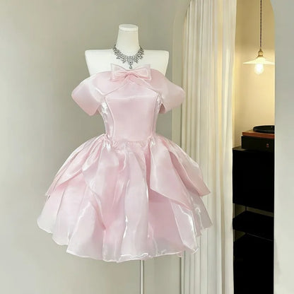 Sweet Pink Off Shoulder Bow A Line Short Homecoming Dress Birthday Dress AS3521