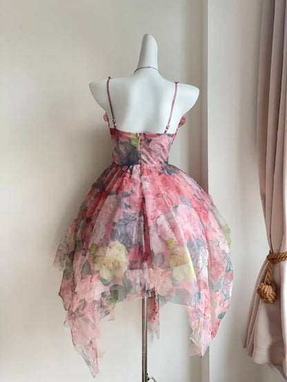 Romantic Pink Floral Spaghetti Straps 3D Flower A Line Short Homecoming Dress Birthday Dress AS3522