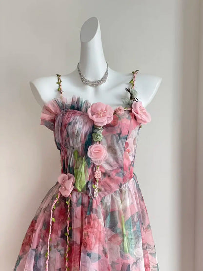 Romantic Pink Floral Spaghetti Straps 3D Flower A Line Short Homecoming Dress Birthday Dress AS3522