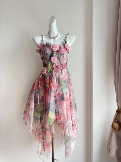 Romantic Pink Floral Spaghetti Straps 3D Flower A Line Short Homecoming Dress Birthday Dress AS3522