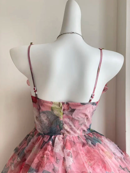 Romantic Pink Floral Spaghetti Straps 3D Flower A Line Short Homecoming Dress Birthday Dress AS3522