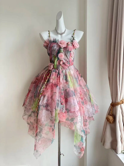 Romantic Pink Floral Spaghetti Straps 3D Flower A Line Short Homecoming Dress Birthday Dress AS3522