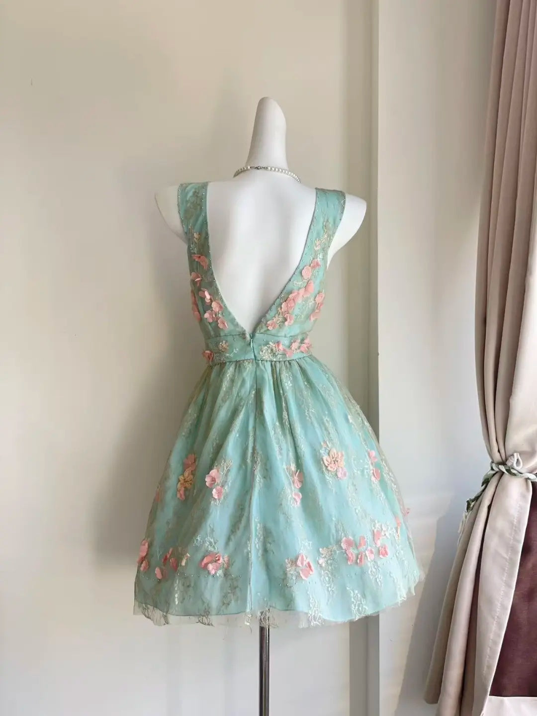 Fresh Mint V-Neck Sleeveless 3D Floral Lace Beaded A Line Short Homecoming Dress Birthday Dress AS3523
