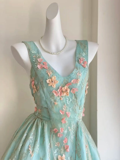 Fresh Mint V-Neck Sleeveless 3D Floral Lace Beaded A Line Short Homecoming Dress Birthday Dress AS3523