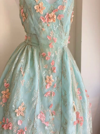 Fresh Mint V-Neck Sleeveless 3D Floral Lace Beaded A Line Short Homecoming Dress Birthday Dress AS3523