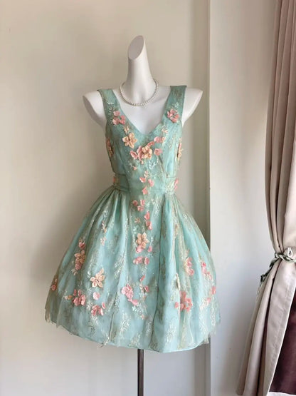 Fresh Mint V-Neck Sleeveless 3D Floral Lace Beaded A Line Short Homecoming Dress Birthday Dress AS3523
