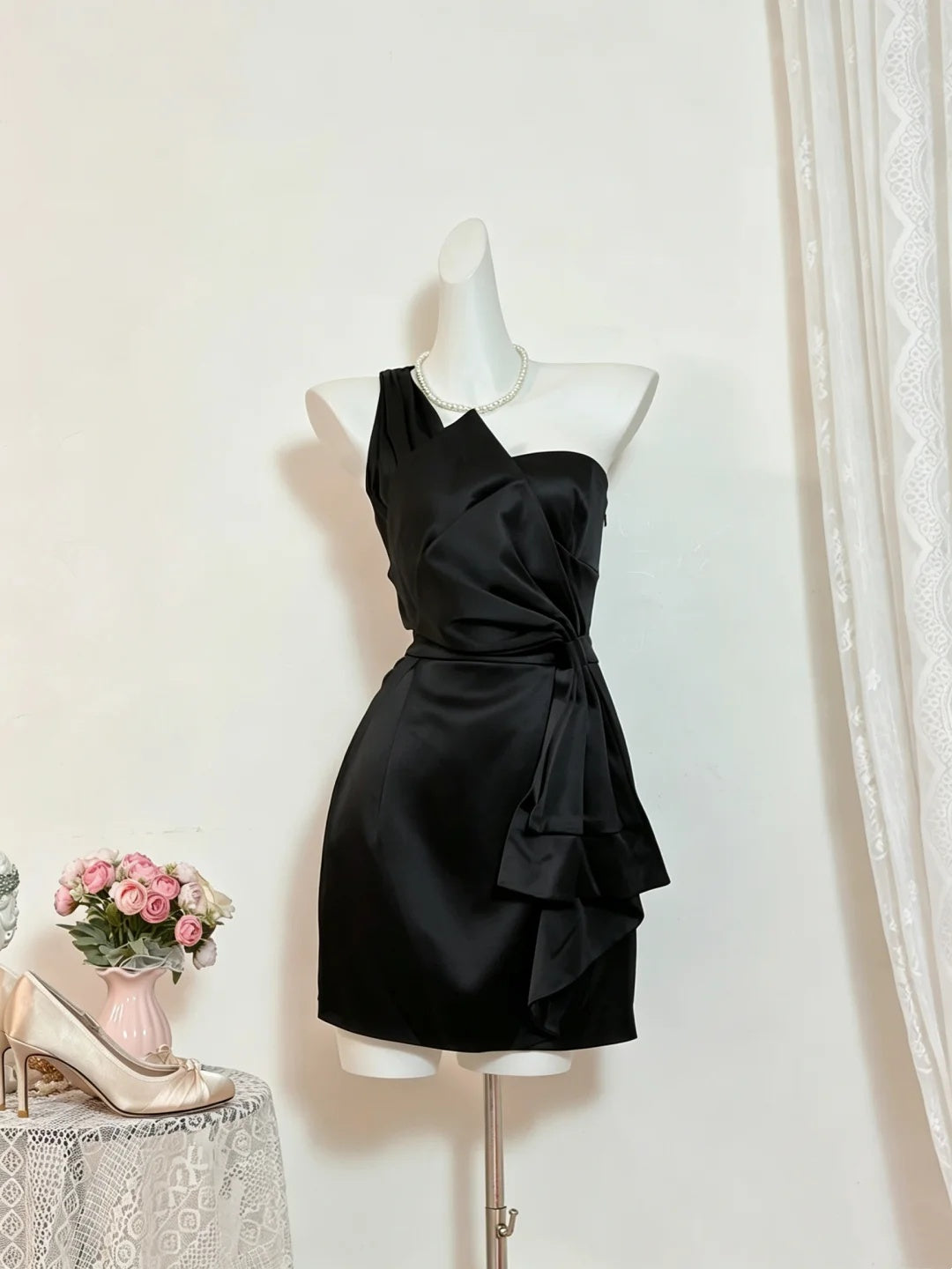 Sleek Black One Shoulder Draped Satin Bodycon Short Homecoming Dress Birthday Dress AS3524