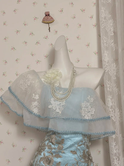 Chic Blue Off Shoulder Ruffled Embroidery Lace Bodycon Short Homecoming Dress Birthday Dress AS3525