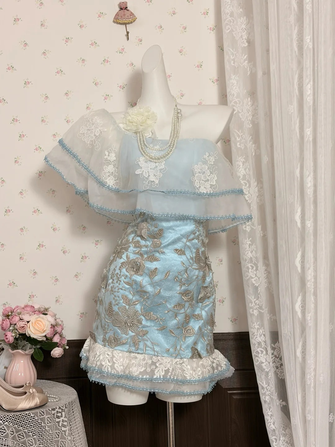 Chic Blue Off Shoulder Ruffled Embroidery Lace Bodycon Short Homecoming Dress Birthday Dress AS3525