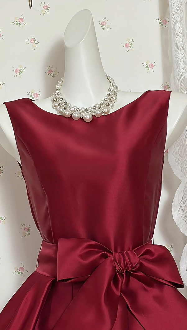 Elegant Burgundy Sleeveless Boat Neck Satin Big Bow Lace Hem A-Line Short Homecoming Dress Birthday Dress AS3526