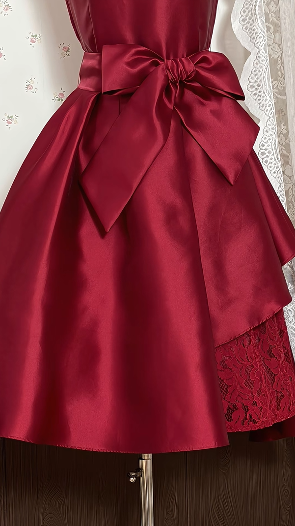 Elegant Burgundy Sleeveless Boat Neck Satin Big Bow Lace Hem A-Line Short Homecoming Dress Birthday Dress AS3526