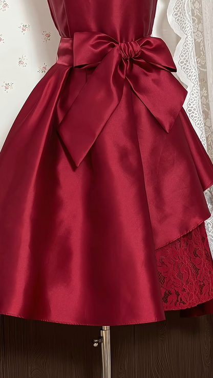 Elegant Burgundy Sleeveless Boat Neck Satin Big Bow Lace Hem A-Line Short Homecoming Dress Birthday Dress AS3526