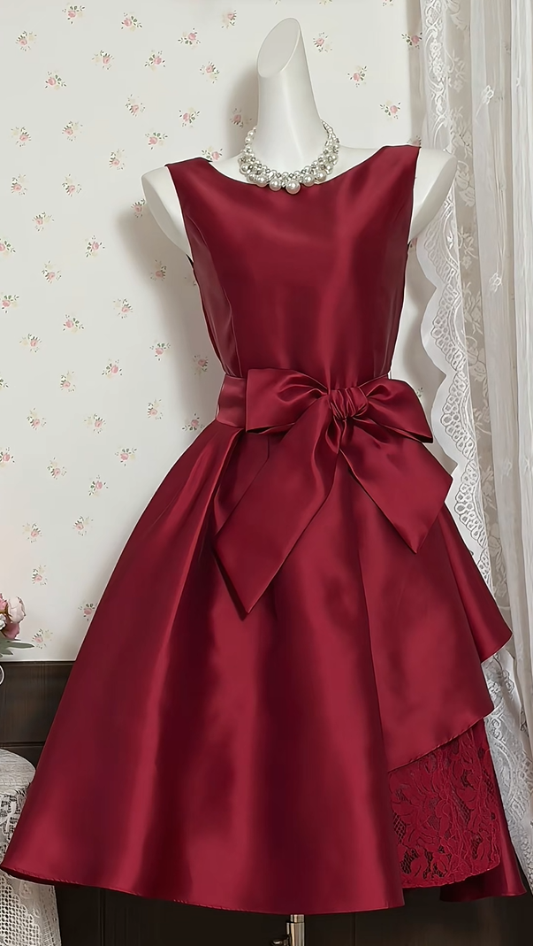 Elegant Burgundy Sleeveless Boat Neck Satin Big Bow Lace Hem A-Line Short Homecoming Dress Birthday Dress AS3526