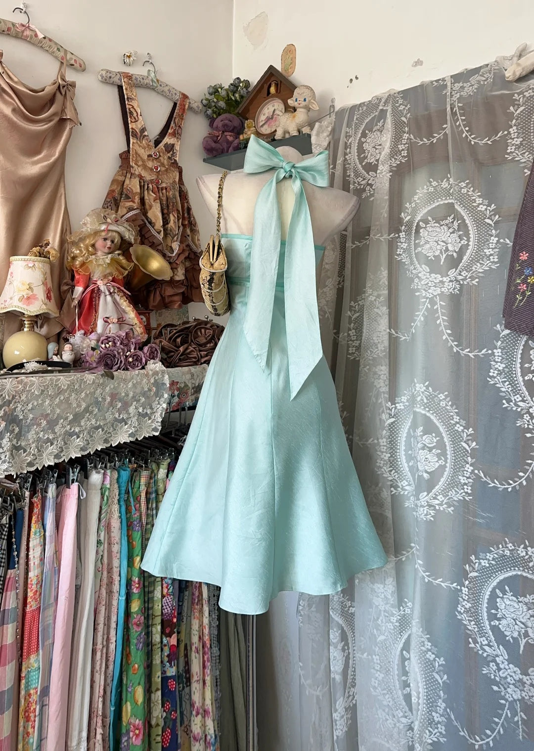 Fresh Tiffany Blue Halter Neck Bow Satin A-Line Midi Homecoming Dress Birthday Dress AS3528