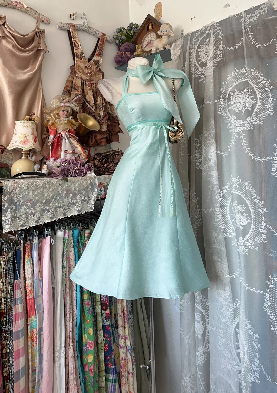 Fresh Tiffany Blue Halter Neck Bow Satin A-Line Midi Homecoming Dress Birthday Dress AS3528