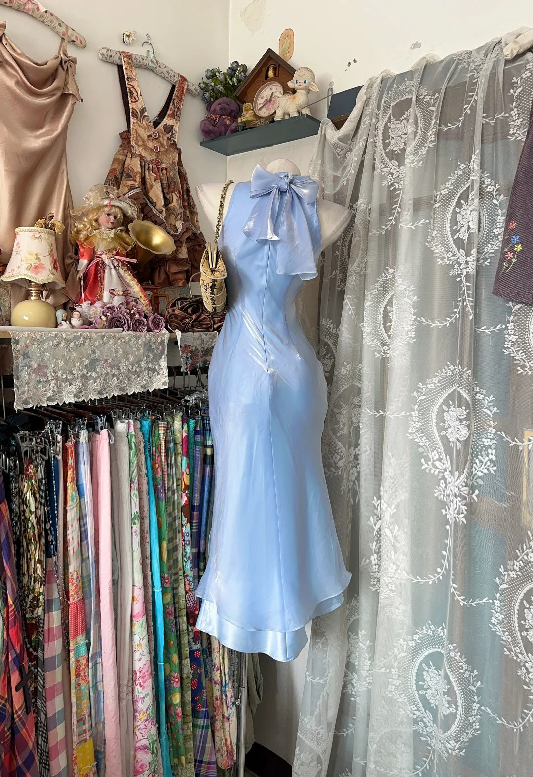Ethereal Light Blue Halter Bow Satin Mermaid Midi Homecoming Dress Birthday Dress AS3529
