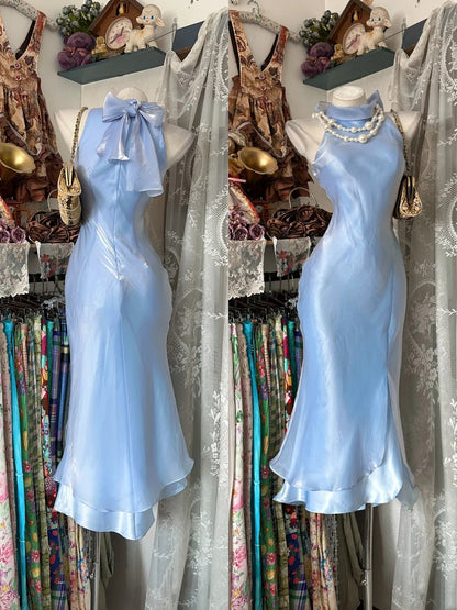 Ethereal Light Blue Halter Bow Satin Mermaid Midi Homecoming Dress Birthday Dress AS3529