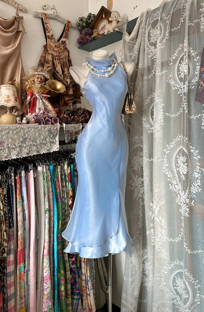 Ethereal Light Blue Halter Bow Satin Mermaid Midi Homecoming Dress Birthday Dress AS3529