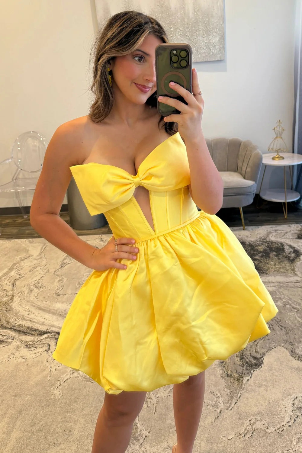 Glossy Satin A-Line Strapless Lace Up Short Homecoming Dress With Bowknot AS353