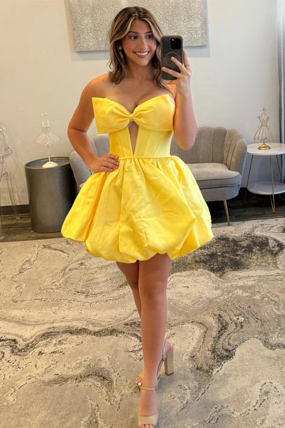 Glossy Satin A-Line Strapless Lace Up Short Homecoming Dress With Bowknot AS353