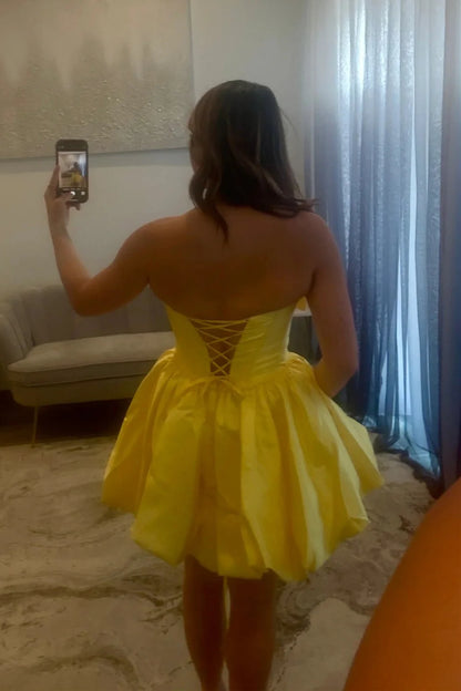 Glossy Satin A-Line Strapless Lace Up Short Homecoming Dress With Bowknot AS353