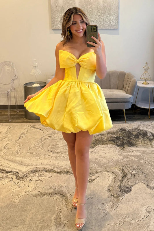 Glossy Satin A-Line Strapless Lace Up Short Homecoming Dress With Bowknot AS353