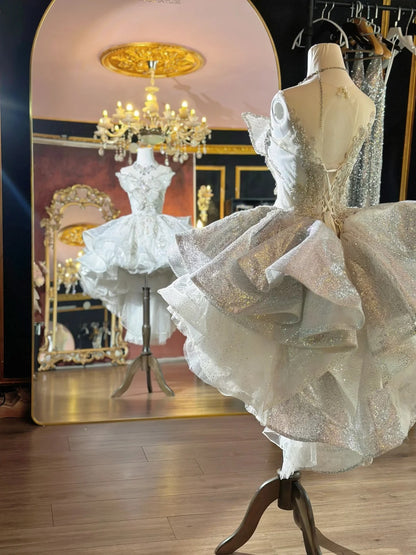 Dreamy White Sheer Round Neck Butterfly Rhinestone Beaded Glitter Tulle A Line Short Homecoming Dress Birthday Dress AS3533