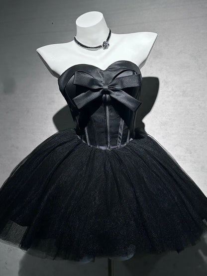 Chic Black Strapless Sweetheart Satin Bow Corset Tulle A Line Short Homecoming Dress Birthday Dress AS3534