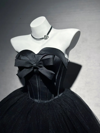 Chic Black Strapless Sweetheart Satin Bow Corset Tulle A Line Short Homecoming Dress Birthday Dress AS3534
