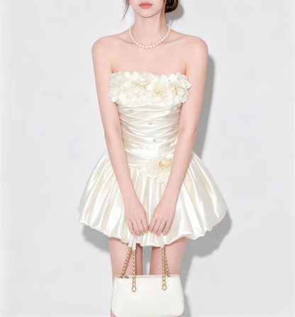 Romantic Ivory Strapless 3D Floral Rhinestone Ruched Satin A Line Short Homecoming Dress Birthday Dress AS3535