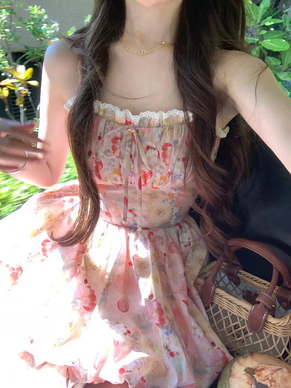 Sweet Pink Floral Spaghetti Straps Lace Trim Bow A Line Short Homecoming Dress Birthday Dress AS3536