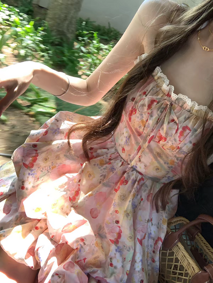 Sweet Pink Floral Spaghetti Straps Lace Trim Bow A Line Short Homecoming Dress Birthday Dress AS3536