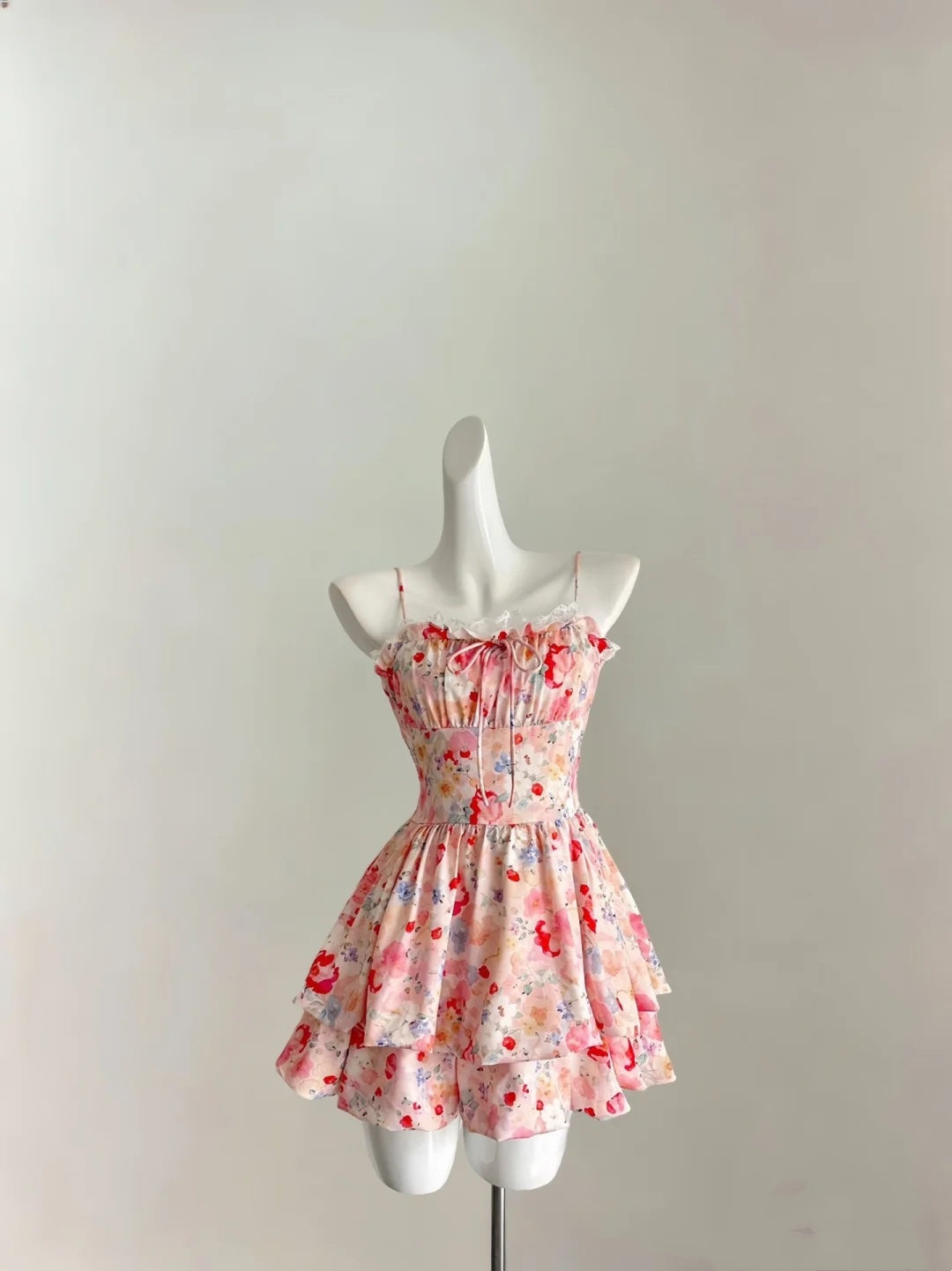Sweet Pink Floral Spaghetti Straps Lace Trim Bow A Line Short Homecoming Dress Birthday Dress AS3536