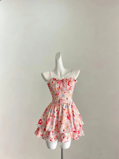 Sweet Pink Floral Spaghetti Straps Lace Trim Bow A Line Short Homecoming Dress Birthday Dress AS3536