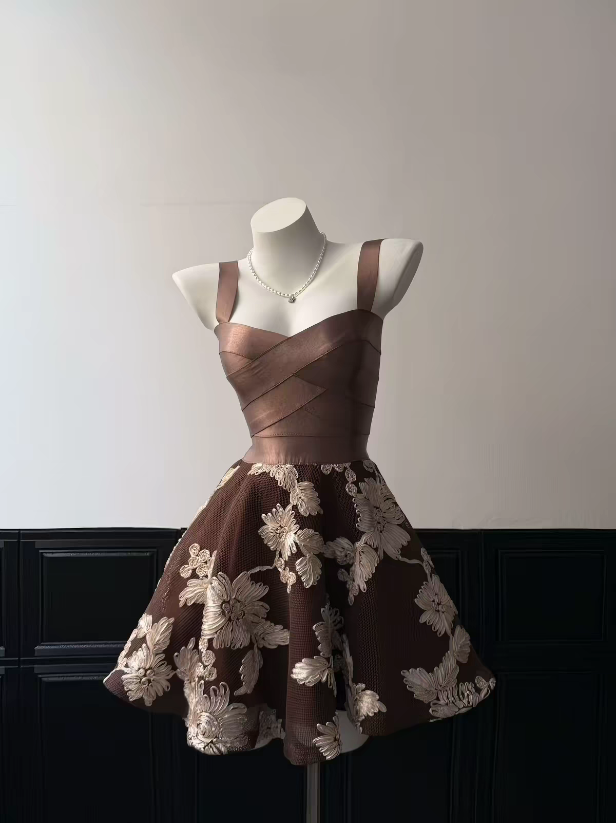Vintage Brown Strap Sweetheart 3D Floral Embroidery A Line Short Homecoming Dress Birthday Dress AS3537