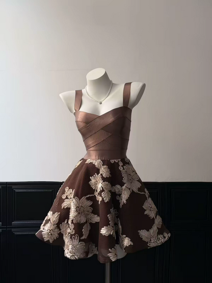 Vintage Brown Strap Sweetheart 3D Floral Embroidery A Line Short Homecoming Dress Birthday Dress AS3537