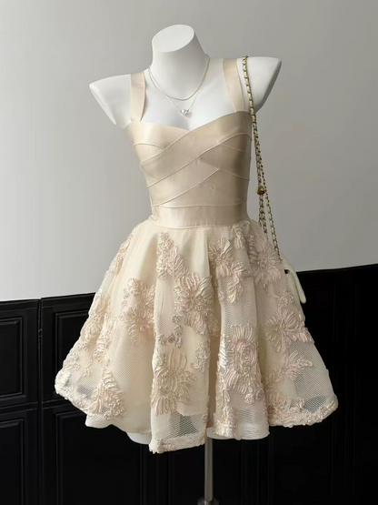 Vintage Brown Strap Sweetheart 3D Floral Embroidery A Line Short Homecoming Dress Birthday Dress AS3537