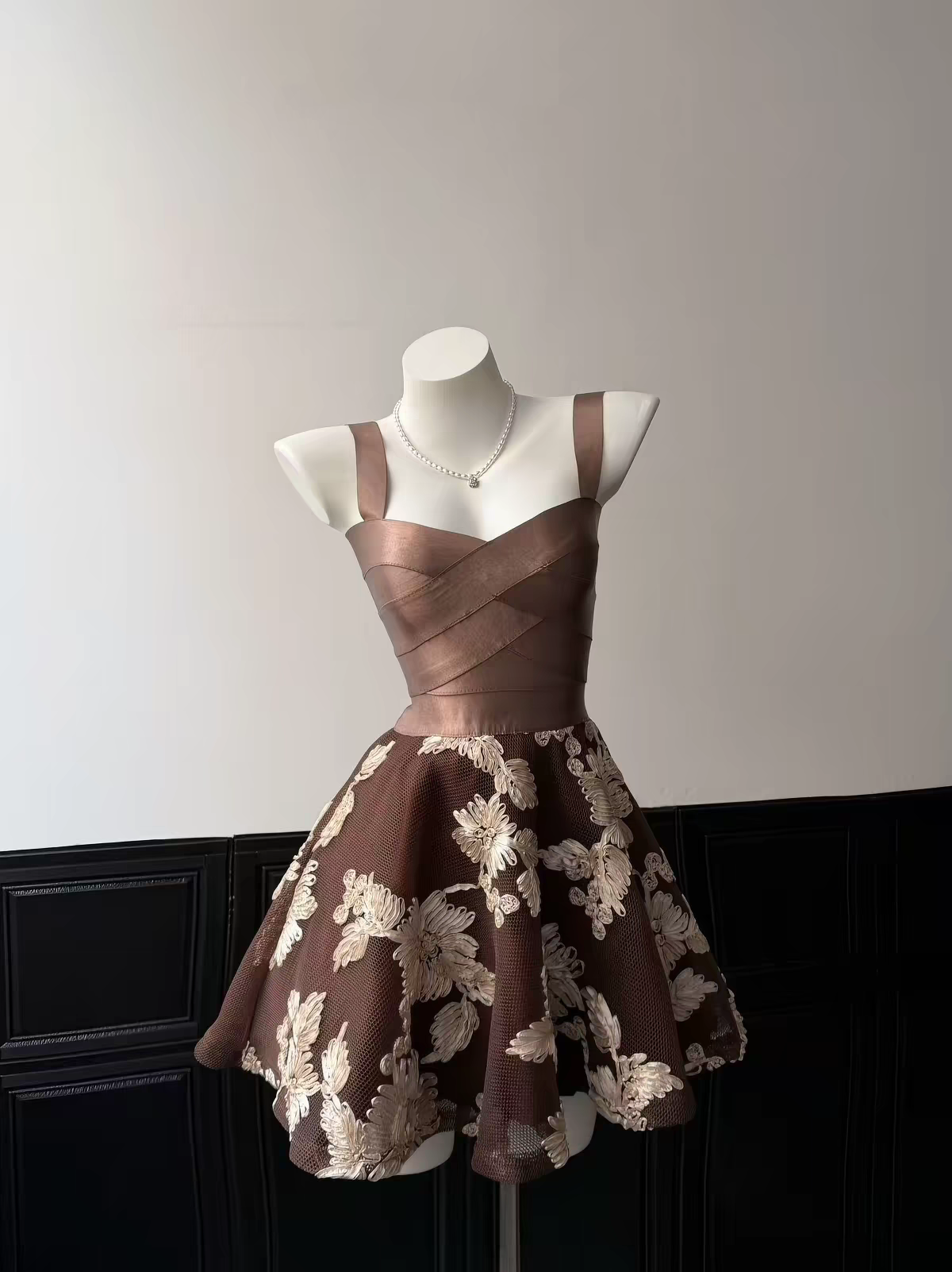 Vintage Brown Strap Sweetheart 3D Floral Embroidery A Line Short Homecoming Dress Birthday Dress AS3537
