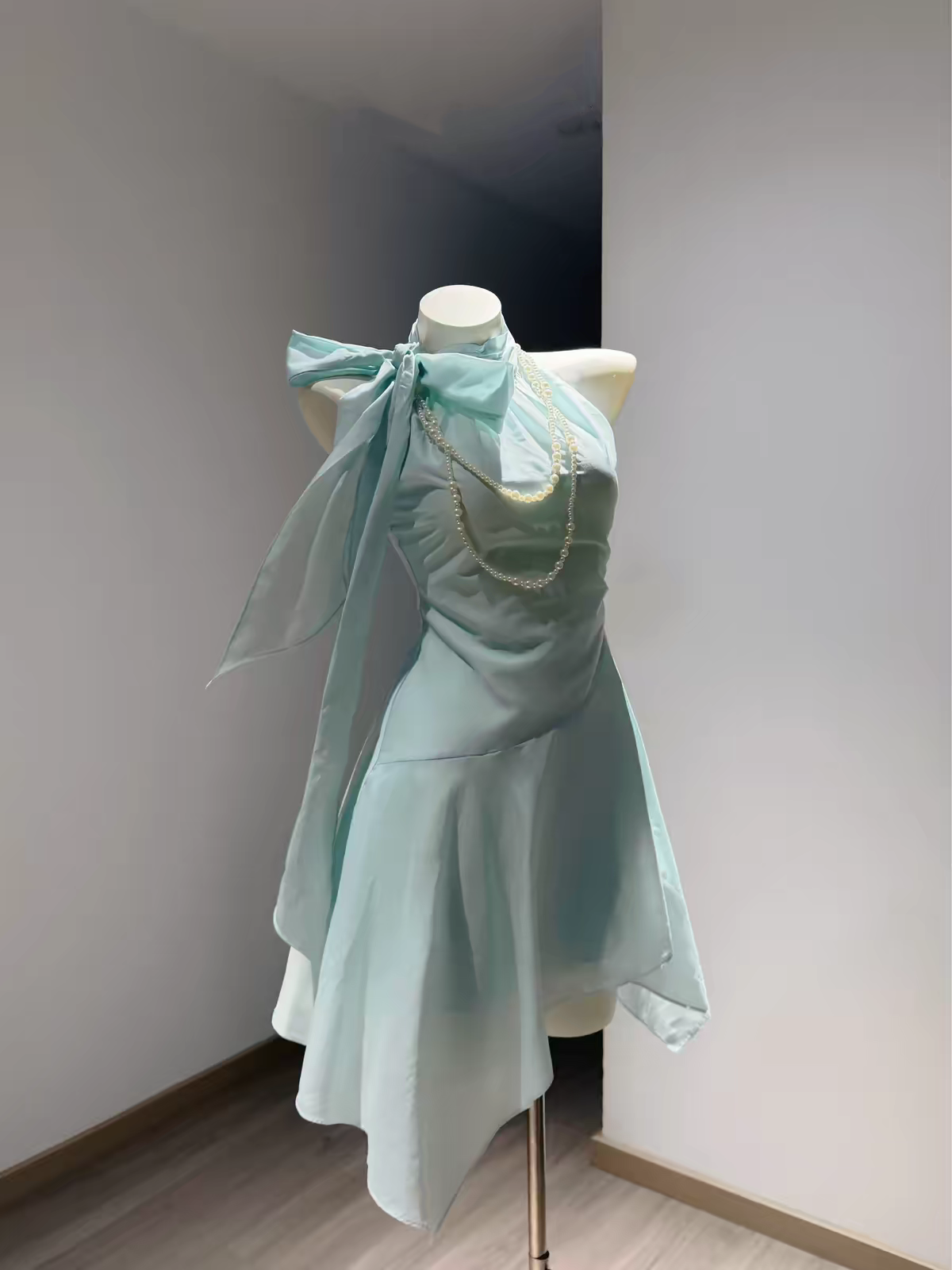 Fresh Mint Halter Big Bow Ruched A Line Short Homecoming Dress Birthday Dress AS3541