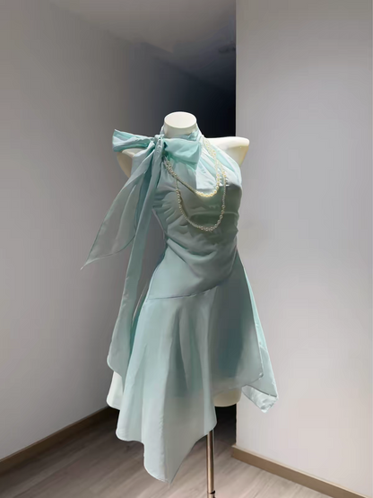Fresh Mint Halter Big Bow Ruched A Line Short Homecoming Dress Birthday Dress AS3541