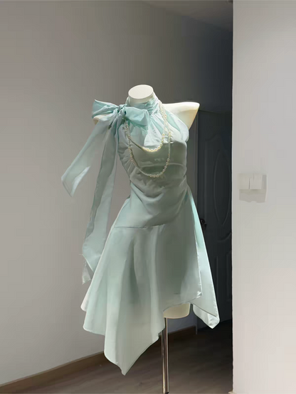 Fresh Mint Halter Big Bow Ruched A Line Short Homecoming Dress Birthday Dress AS3541