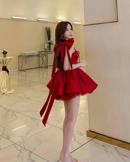 Chic Red Square Neck Shoulder Bow Strap Satin A Line Short Homecoming Dress Birthday Dress AS3544